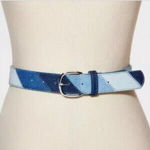 Wild Fable Denim Patchwork Belt Silver Buckle Size Large Striped Jelt